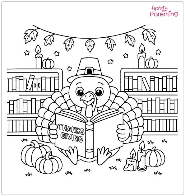 Thanksgiving Turkey Reading a Book Coloring Page