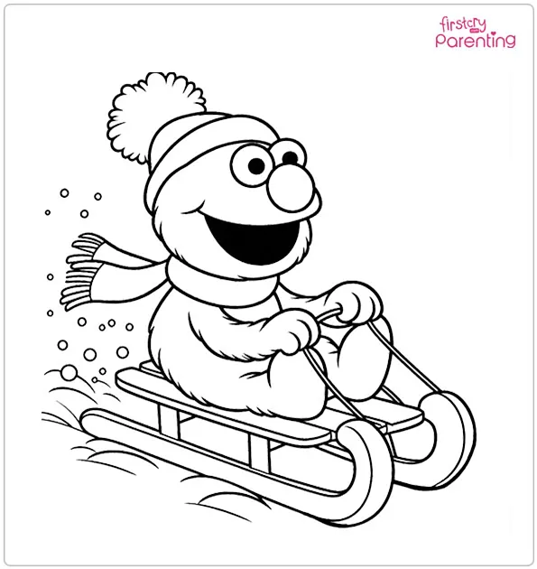 Elmo Riding a Sled During Winter Coloring Page Elmo Riding a Sled During Winter Coloring Page