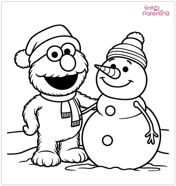 Elmo with Snowman Coloring Page Elmo with Snowman Coloring Page