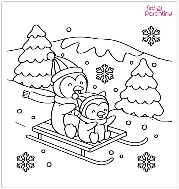Penguins Sledding Coloring Page