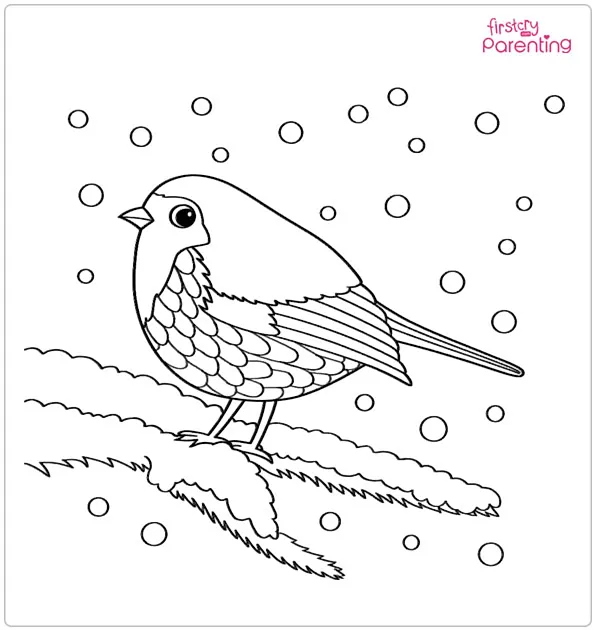 Bird in Snowy Tree Winter Coloring Page