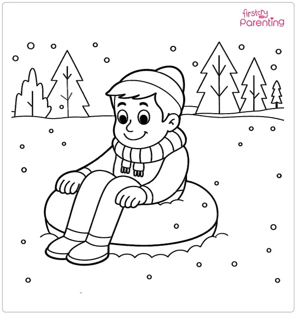 Boy Sliding on Tube Sled Coloring Page