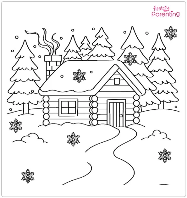 Cozy Winter Cabin Coloring Page