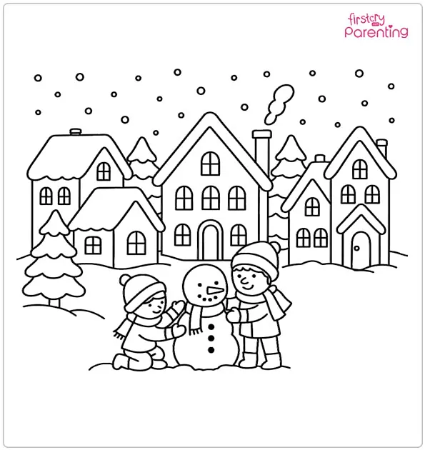 December Snowy Village Coloring Page