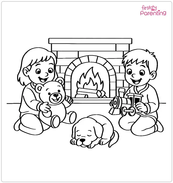 Kids By The Fireplace Coloring Page
