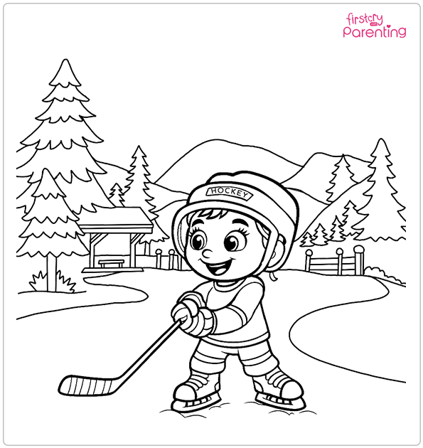 Girl Playing Ice Hockey On Lake Coloring Page