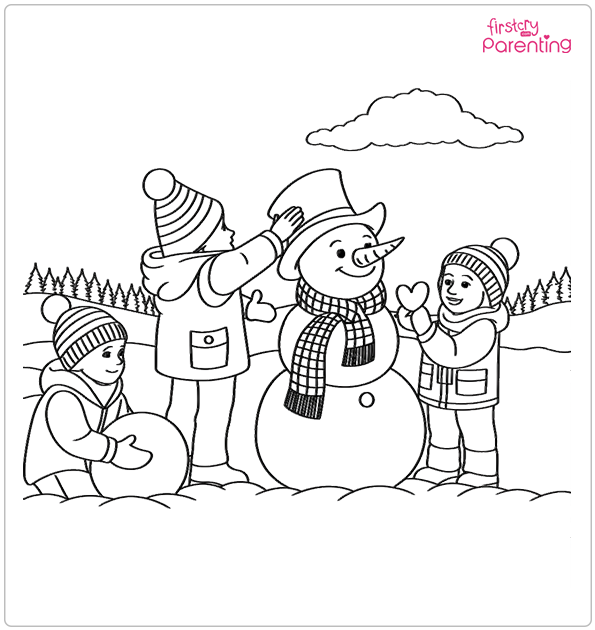 Children with Snowman Coloring Page
