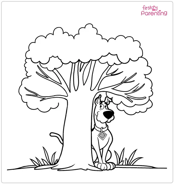 Scooby Doo Hiding Behind a Tree Coloring Page
