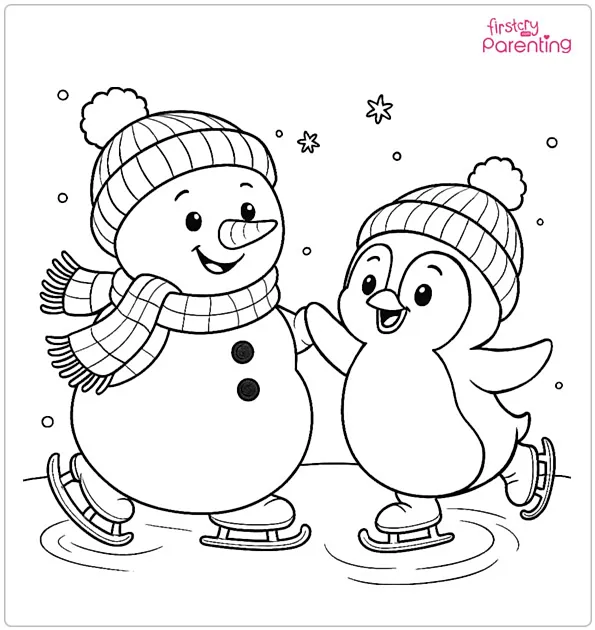 Snowman and Penguin Ice Skating Coloring Page Snowman and Penguin Ice Skating Coloring Page