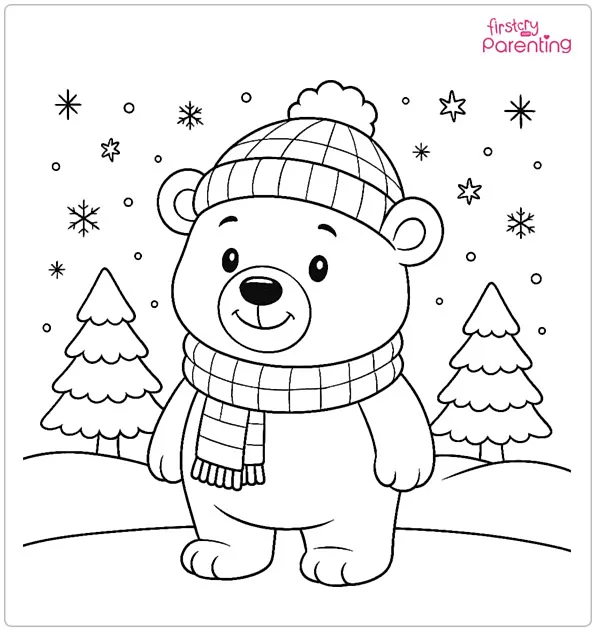 Winter Bear with Scarf and Beanie Coloring Page Winter Bear with Scarf and Beanie Coloring Page