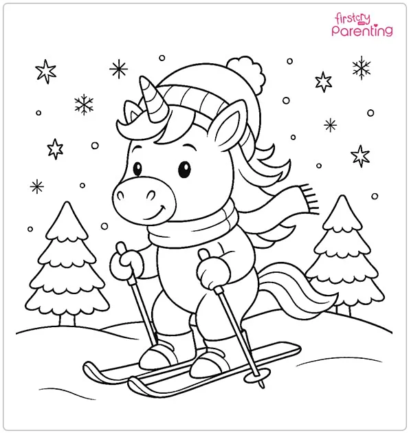Unicorn Skiing in Winter Coloring Page Unicorn Skiing in Winter Coloring Page