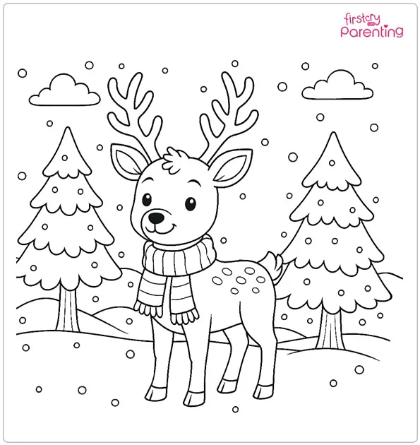 Reindeer in Snowy Forest Coloring Page Reindeer in Snowy Forest Coloring Page