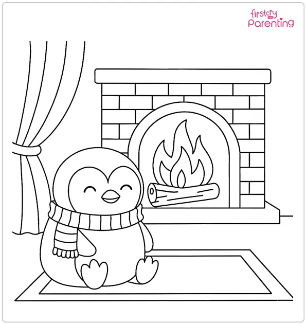 Penguin by Fireplace Coloring Page Penguin by Fireplace Coloring Page