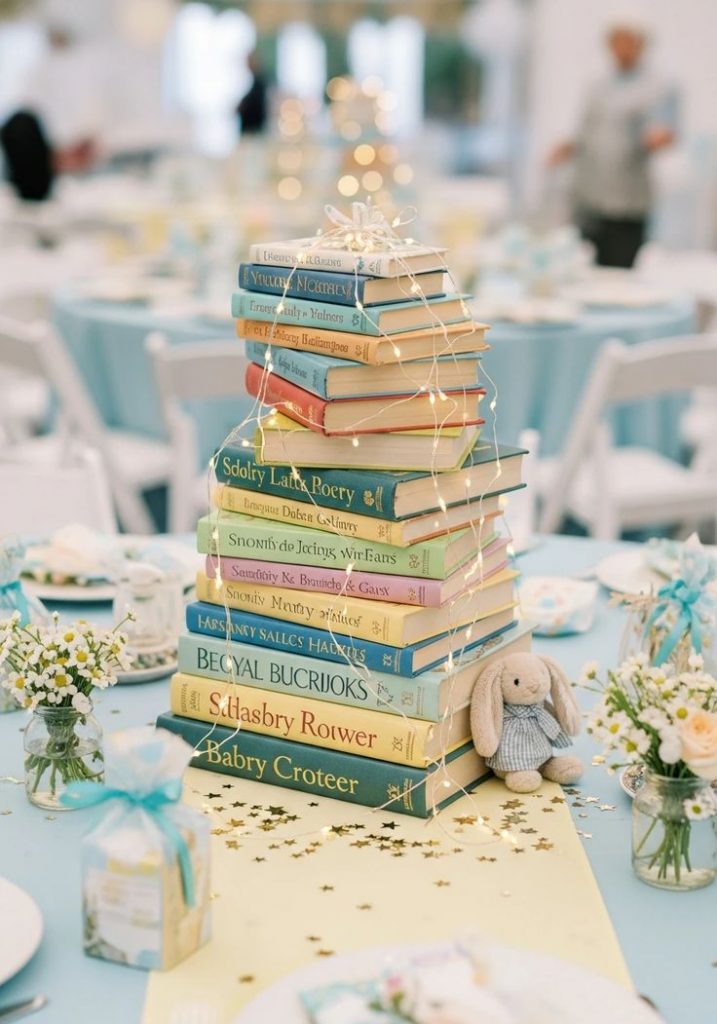 Stacked Book Centrepieces for Baby Shower decoration