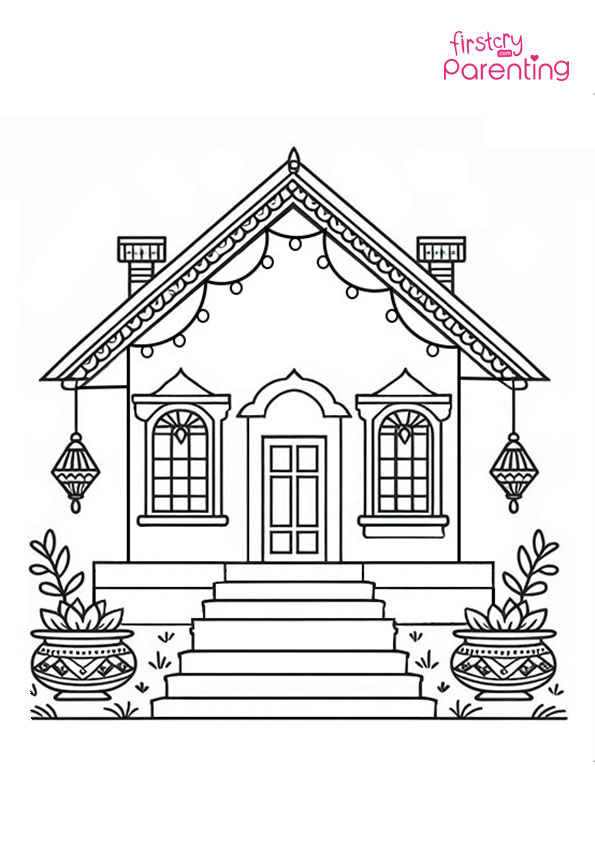 Beautifully Decorated House Diwali Coloring Page