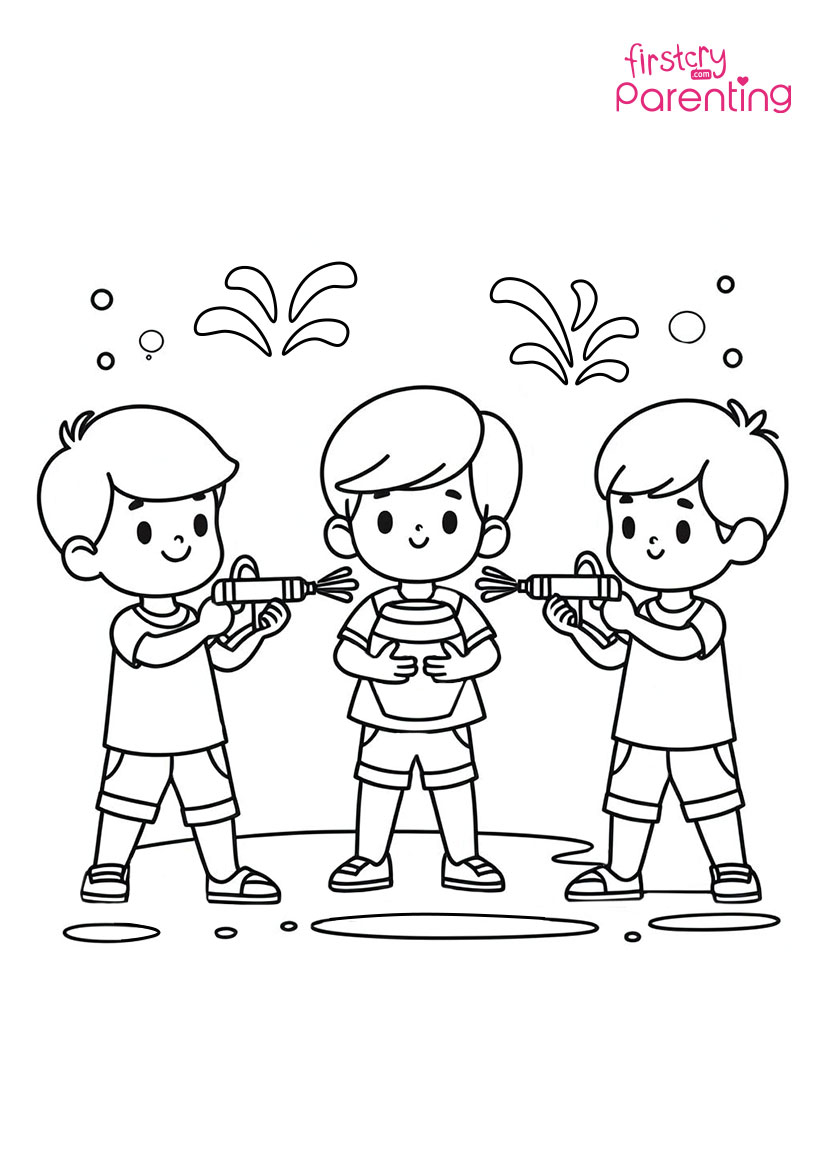 Boys Playing Holi With Watergun Colouring Page