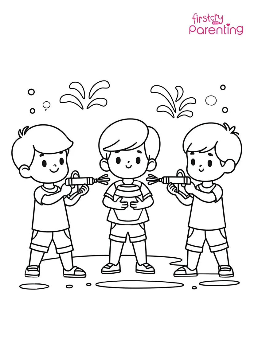 Boys Playing Holi With Watergun Colouring Page