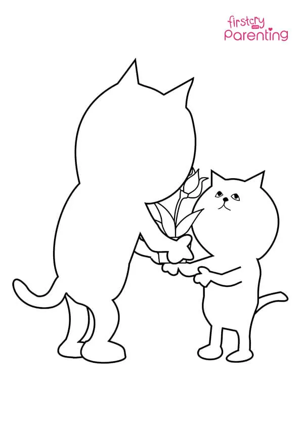 Cat Giving Flower To Other Cat Coloring Page Colouring Pages