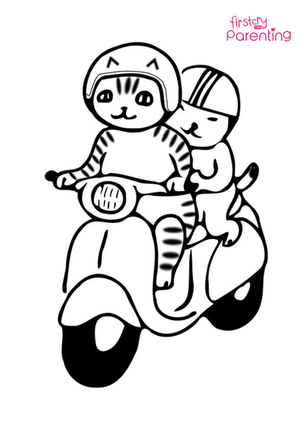 Cat Scooter Cartoon Coloring Page