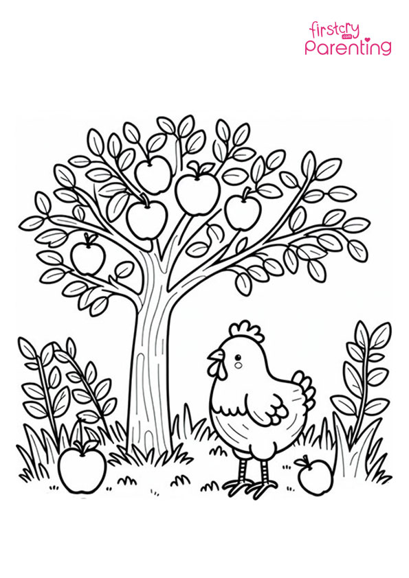 Chicken Under An Apple Tree Coloring Page
