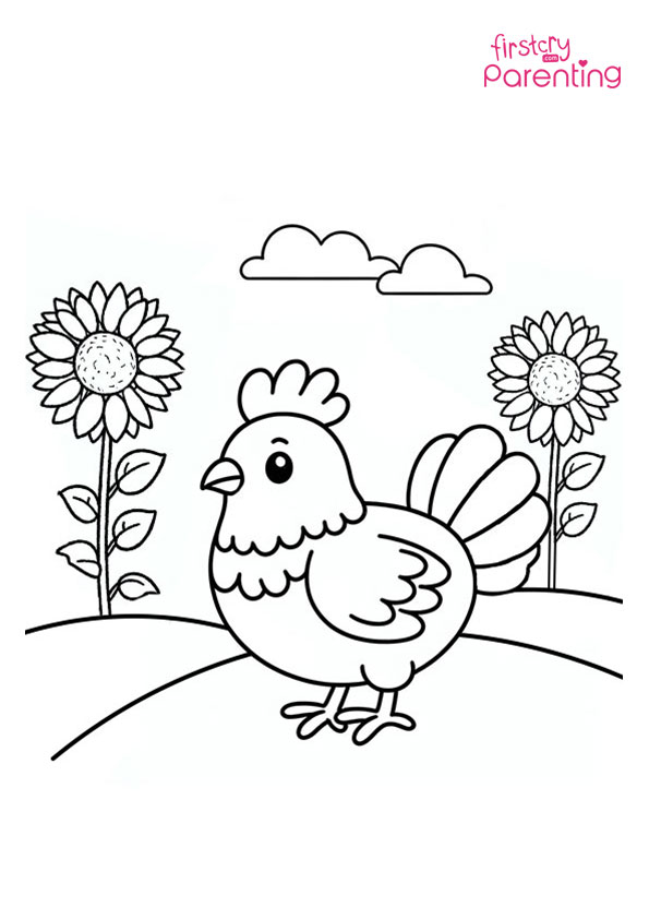 Chicken In A Field Of Sunflowers Coloring Page