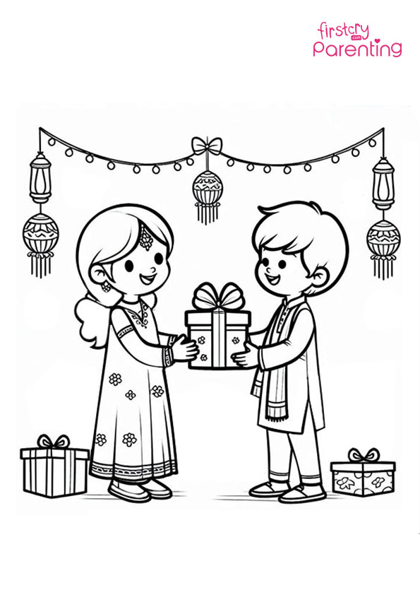 Children Exchanging Gifts Diwali Coloring Page