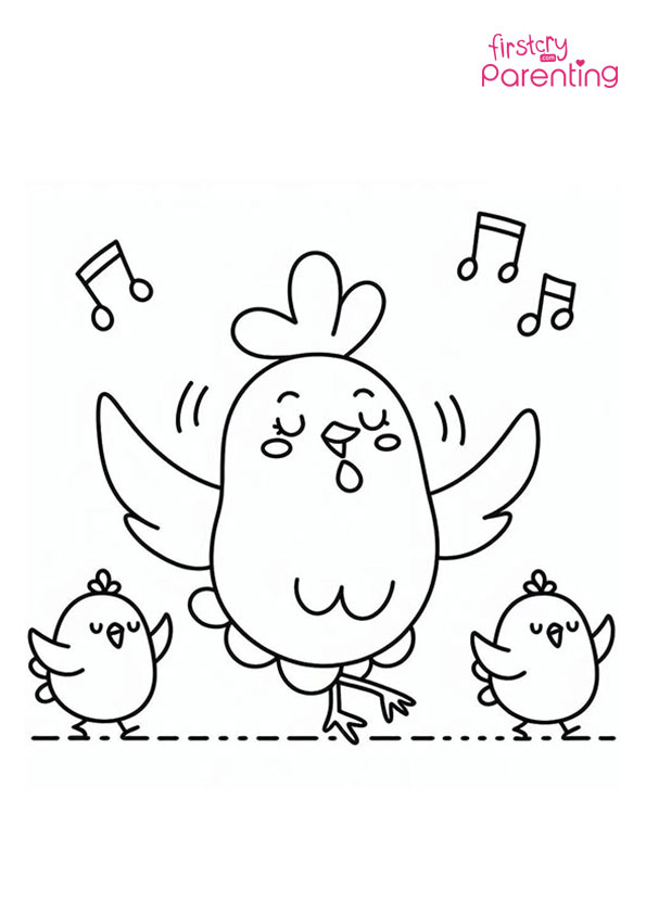 Dancing Chicken And Chicks Coloring Page