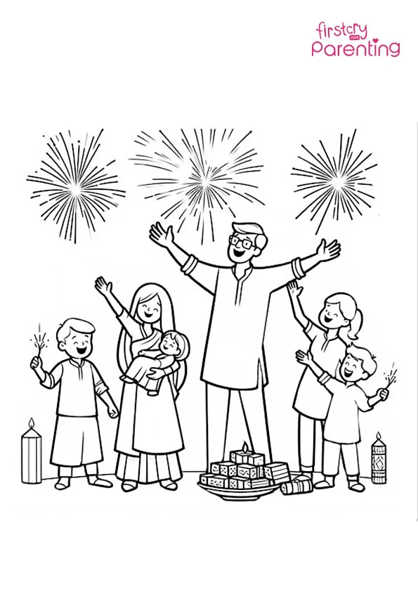 Family Celebrating Diwali and Bursting Crackers Coloring Page