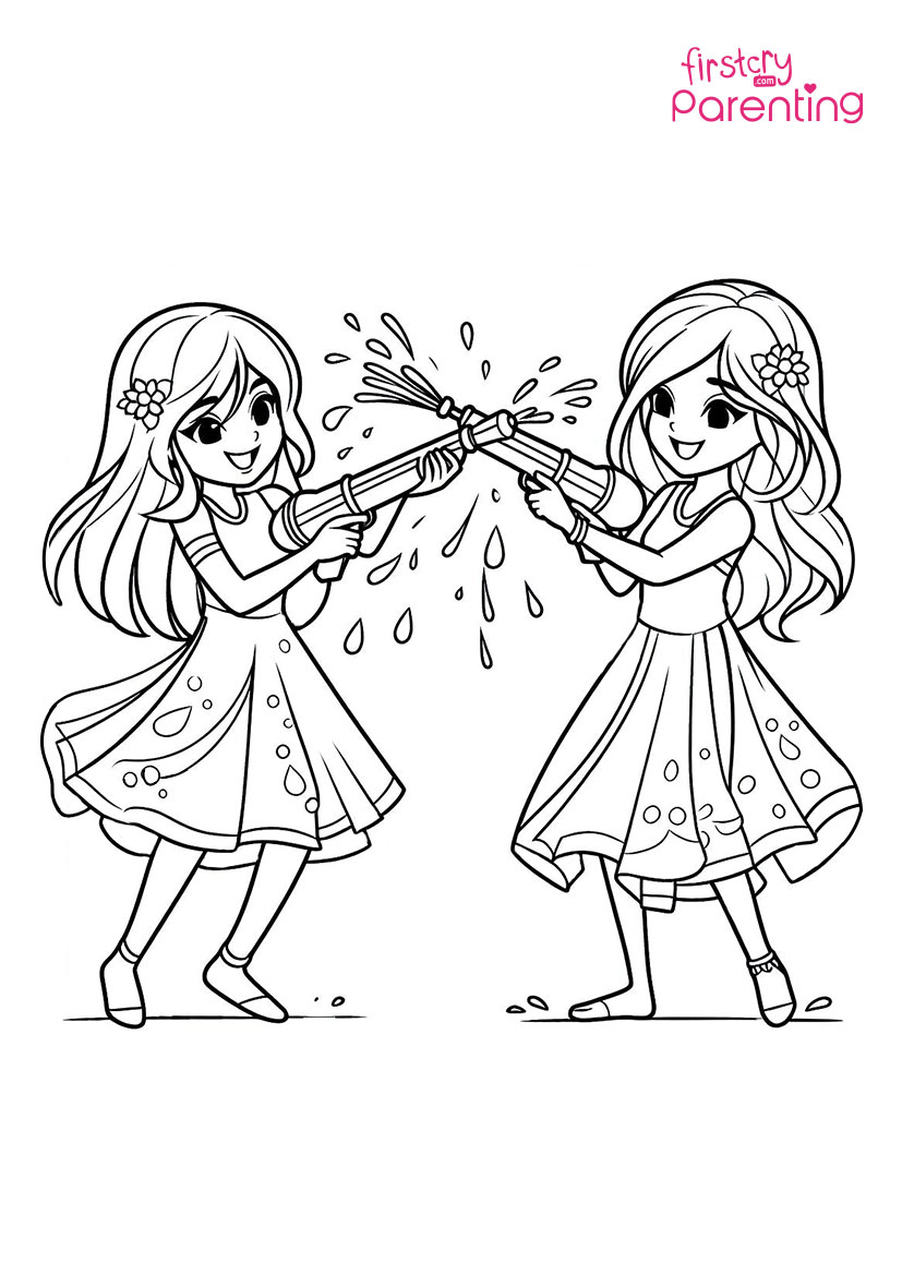 Girls Palying Holi With PichkariColouring Page