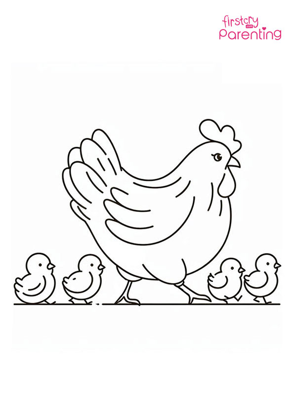 Hen with Chicks in a Row Coloring Page