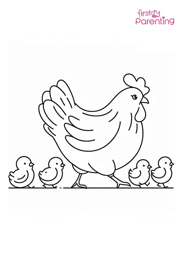 Hen with Chicks in a Row Coloring Page