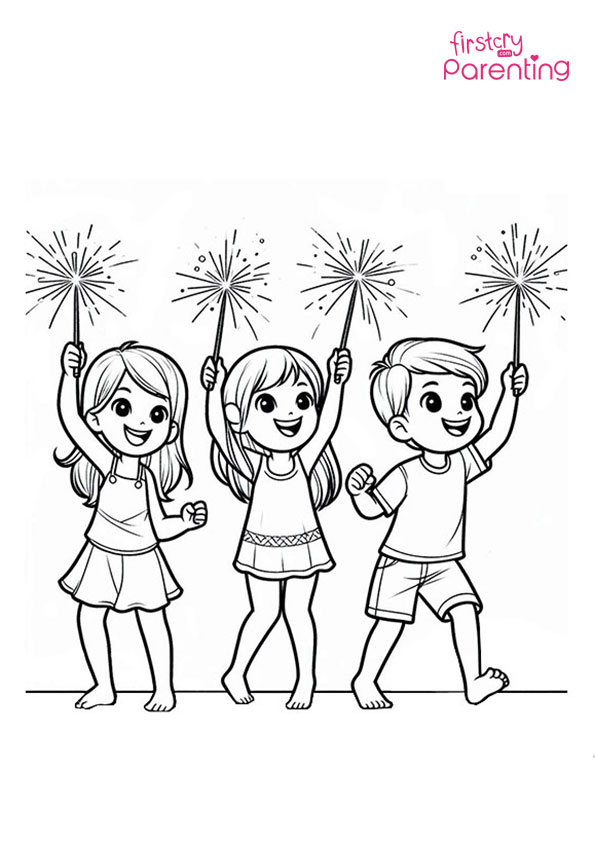 Kids Enjoying Sparklers on Diwali Coloring Page