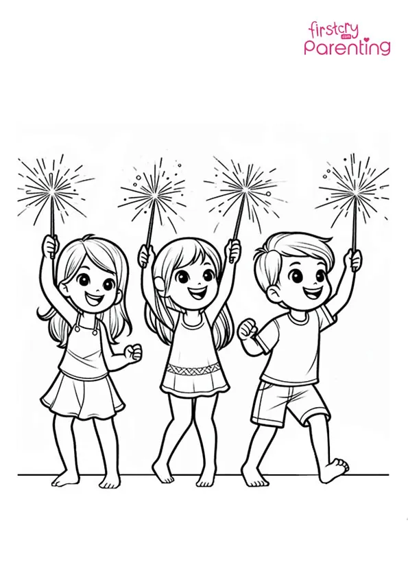Kids Enjoying Sparklers on Diwali Coloring Page