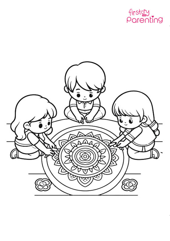 Kids Making Rangoli Coloring Page