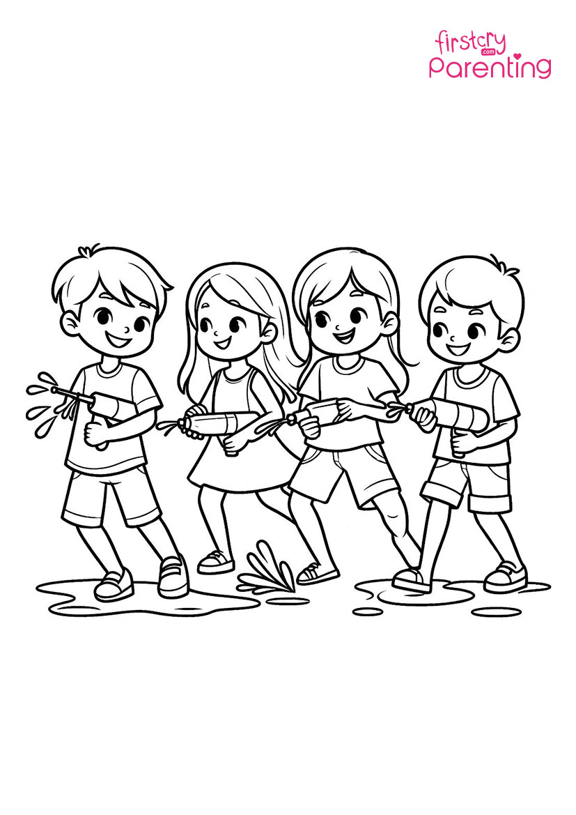 Kids Playing Holi Colouring Page