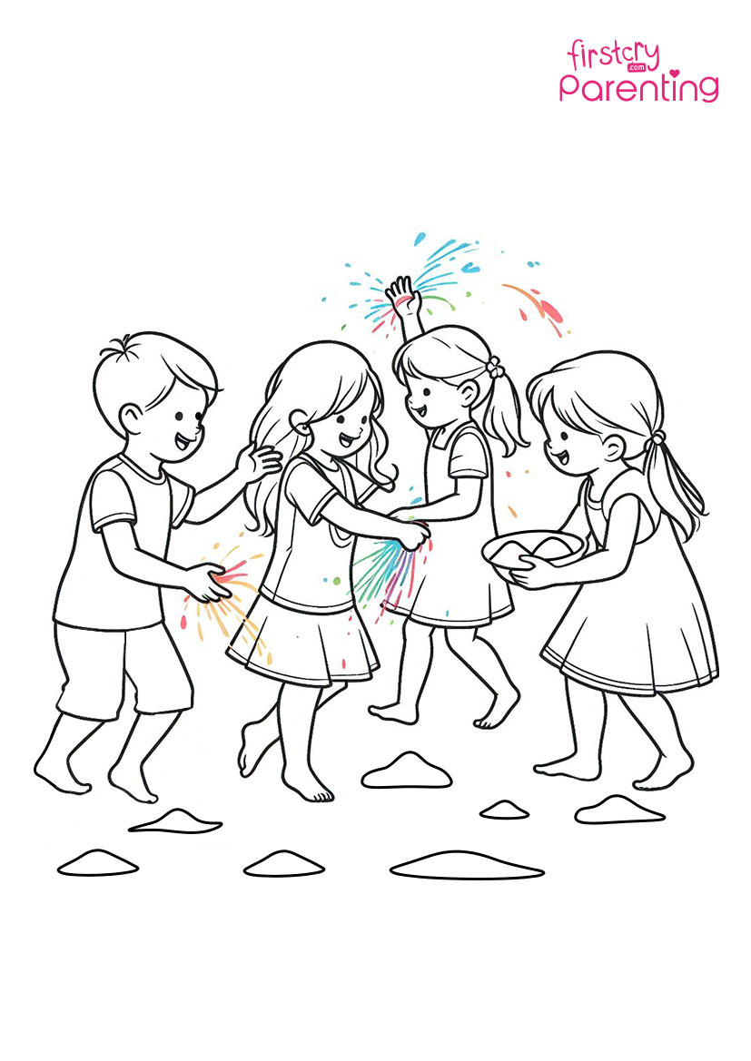 Kids Playing with Gulal Colouring Page