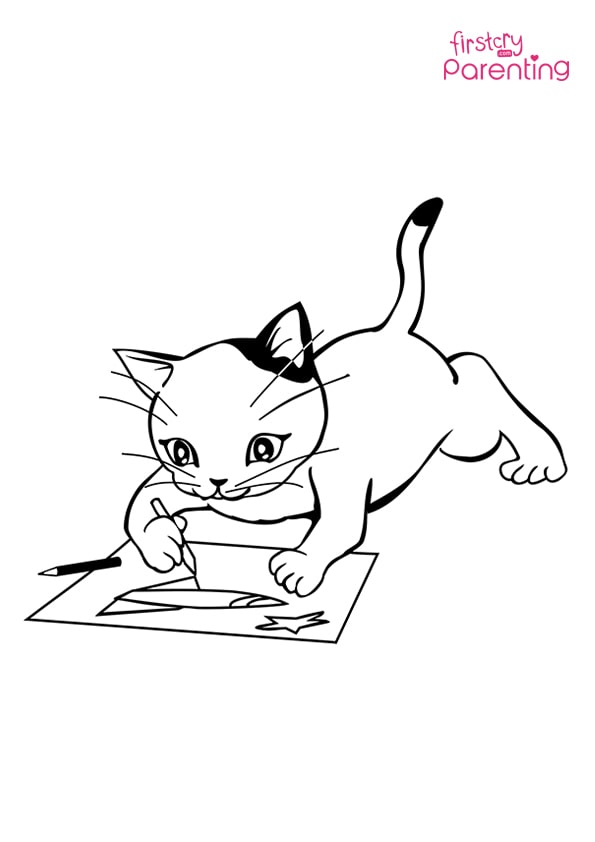 Kitten Draws A Space Rocket Coloring Page