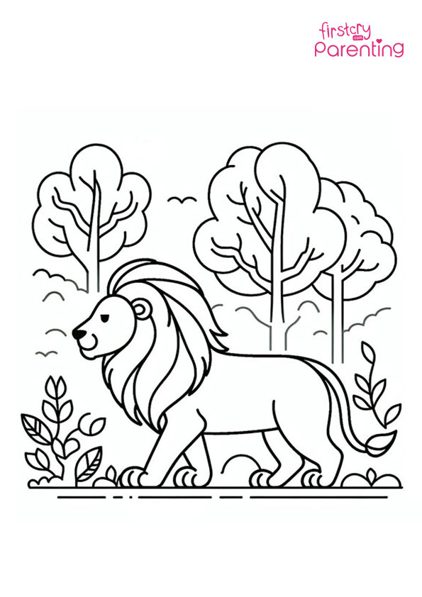 Lion Roaming In Jungle Coloring Page