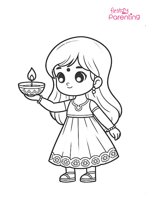 Little Girl Holding a Diya Coloring Page