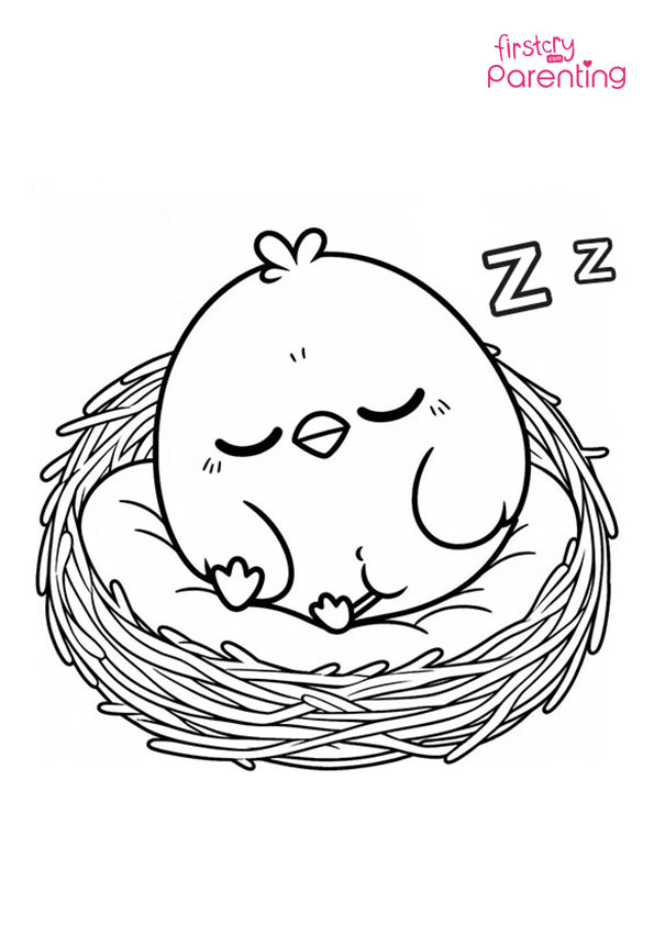 Sleepy Chick In A Nest Coloring Page