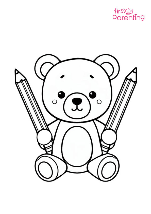 Teddy Bear Holding Coloring Pencils Coloring Page