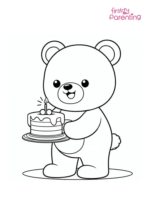 Teddy Bear Holding a Cake Coloring Page Colouring Pages