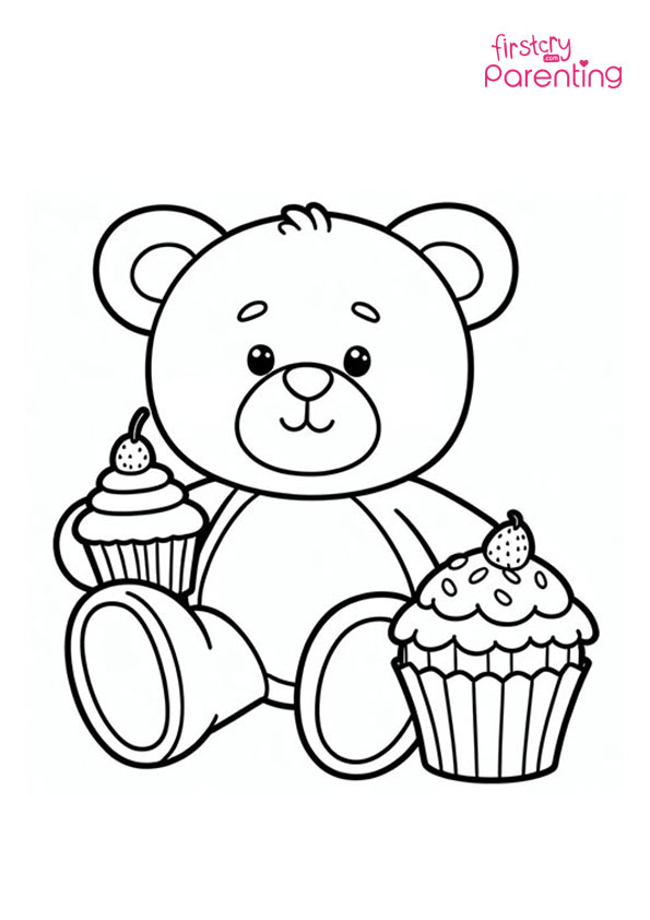 Teddy Bear with Cupcakes Coloring Page