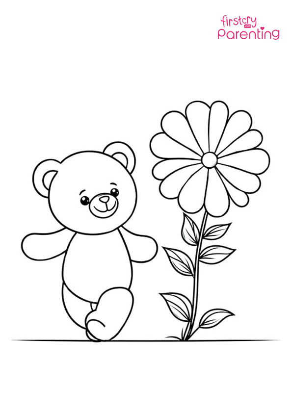 Teddy Bear with a Huge Flower Coloring Page