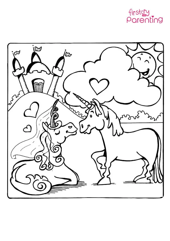 Unicorn Castle Heart Love Sun Coloring Page Colouring Pages