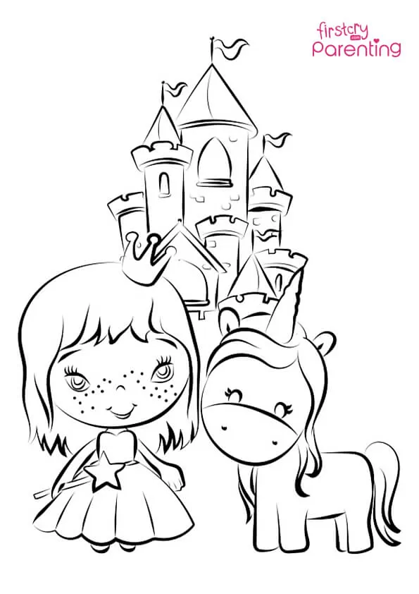 Unicorn With Children Coloring Page Colouring Pages