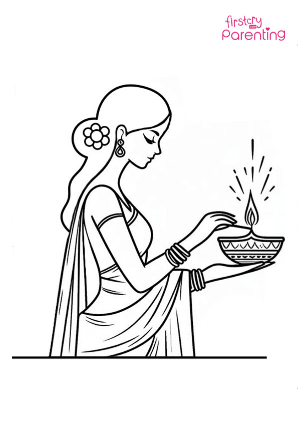 Women Lighting Lamps for Diwali Festival Coloring Pages