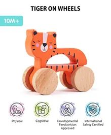 Intellibaby Premium Wooden Tiger on Wheels | Improves Grasping Skills, Hand-Eye Coordination & Motor Skills | European Safety, BIS Certified & Paediatrician Approved | Ideal for Gifting