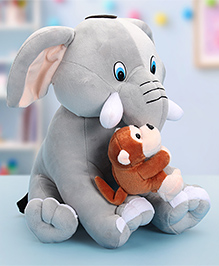 Babyhug 30 cm Elephant with attached Monkey Soft Toy for Kids | Huggable Plush Animal Duo for Snuggles,Imaginative Play & Emotional Development | Cuddly Toy ideal for gifting | 2+ Years | BIS