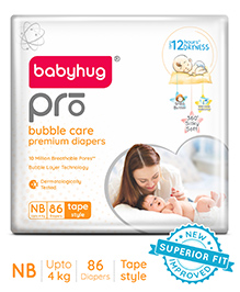 Babyhug Pro Bubble Care Premium Tape Style Diaper Newborn (NB) Size - 86 Pieces - New & Improved Superior Fit